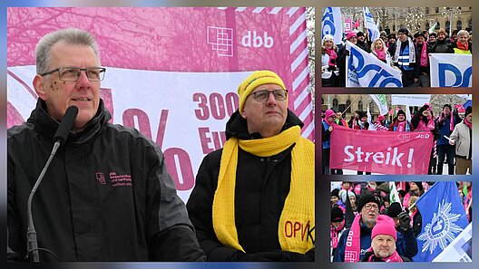 (v.l.) der dbb Landesvorsitzende Ulrich Stock und der Regionalvorsitzender der DPVKOM Andreas Kögler gemeinsam, solidarisch auf der Bühne und Teilnehmende der Streikaktion